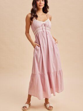 Lace Detail Cotton Pink Maxi Dress